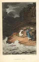 コーネリアンベイ。ピクニックに出かけたリージェンシーの女性たちが、突然の嵐に驚く。Poetical Sketches of Scarborough, Ackermann, LondonのJ.Greenのスケッチに基づくThomas Rowlandsonによる手彩色銅版画、J.C.Stadlerによるアクアチント。