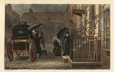 出発。雨の中、ホテルの前で馬車に荷物を積む観光客たち。Poetical Sketches of Scarborough, Ackermann, LondonのJ.Greenによるスケッチの後、Thomas Rowlandsonによる手彩色銅版画、J.C. Stadlerによるアクアチント。