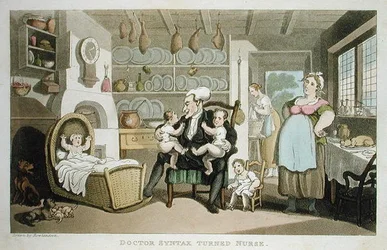 看護師になったシンタックス博士、1812年に出版されたウィリアム・コムの「The Tour of Dr Syntax in search of the Picturesque」より（アクアチント画）