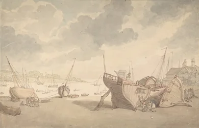 1775年から1827年にかけて、潮が引いてボートが打ち寄せる港の風景。