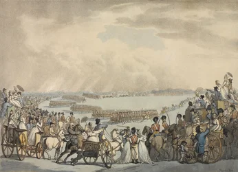 1798年7月5日、ウィンブルドンコモンのヘリー大佐の指揮によるロンドンとウェストミンスターの軽馬ボランティア、陛下のレビュー（色付きのアクアチント）