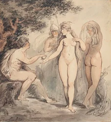 パリの審判 左下にサイン「Rowlandson」 ペン、茶インク、水彩 7 ¼ x 6 ¾ in.(18.4 x 17.2 cm.)