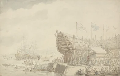 デボンポートでのHMS「ヒベルニア」の発売、1804年頃（紙にペンとインクと水彩）