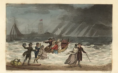 The Water Party：悪天候のために船旅を放棄する観光客。Poetical Sketches of Scarborough, Ackermann, LondonのJ.Greenのスケッチに基づくThomas Rowlandsonによる手彩色銅版画、J.C.Stadlerによるアクアチント。