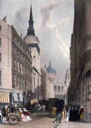ラドゲート・ヒルから見たセント・ポール（「London As It Is」より）、画家による刻印とパブ。