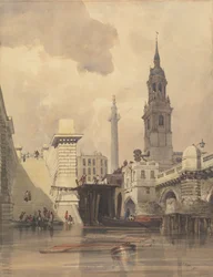 A Igreja de São Magnus, o Mártir, Ponte de Londres, com o Monumento ao Fundo