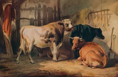 厩舎の雄牛と3頭の牛、c1856