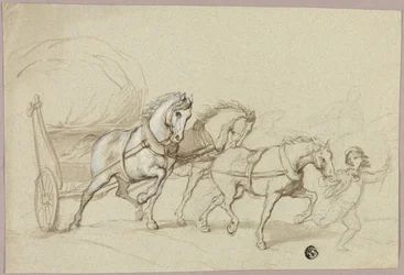 3 頭の馬と荷馬車を率いる子供