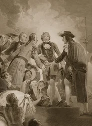 ジョージノーブルによって刻まれた、トーベイでのウィリアム3の着陸。デビッドヒュームの「イングランドの歴史」のパブからのイラスト。 1812年ロンドン、R。ボウヤー