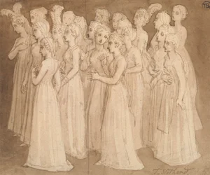 左に歩くグループの20人の若い女の子
