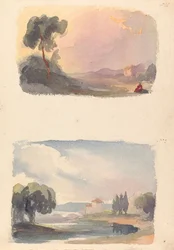 1 枚のシートに 2 つのドローイング: 遠くに山があり、前景に座っている人物がいる風景 (No. 1); 川と建物のある風景、遠くの山 (その2)