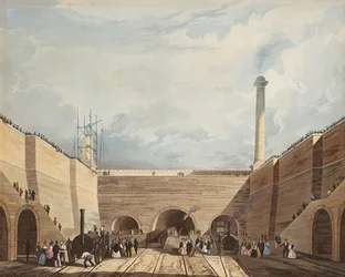 1831年にH. Pyallによって刻まれたリバプールのエッジヒルの鉄道の入り口（手塗りのエッチングとアクアチント）