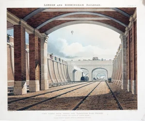 1837年ユーストンスクエアの駅に向かって、ハムステッドロードブリッジの下から撮影したビュー（手書きの彫刻）