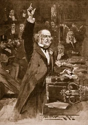 ホームルール法案の紹介：グラッドストン氏、1886年の「キャッセルの図解されたイギリスの歴史」のイラスト（セピア写真）