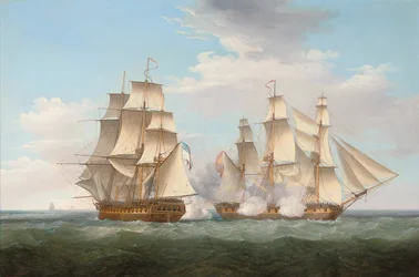 1799年10月16日、1800年、フィニステレ岬沖でスペインのフリゲート艦テティスと戦っているHMSエタリオン