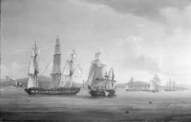 HMS「スパルタン」とフランス・ナポリ海軍艦隊、戦闘終了、1810年5月3日、イタリア、ナポリ湾。油彩・キャンバス