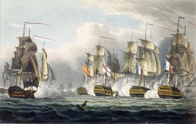 トラファルガーの海戦で艦長クック大佐が戦死した後のHMSベレロフォンの状況、1805年10月21日、T・サザーランドが『The Naval Chronology of Great Britain』のために版刻