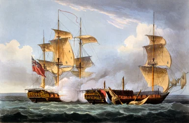 1799年8月20日、ジェームスジェンキンスによる「イギリスの海軍功績」からのラヴェスターレの捕獲、トーマスサザーランドの彫刻、1817年公開
