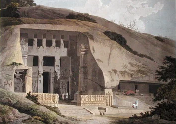 サルセット島の発掘された神殿、1799年に出版された「東洋の風景」のプレートIII（カラー・アクアチント）（136976参照）