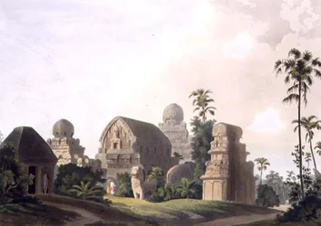 コロマンデル海岸のマヴァリプラムの彫刻された岩、「東洋の風景」パブのパート3のプレートI。1799年（アクアチント）