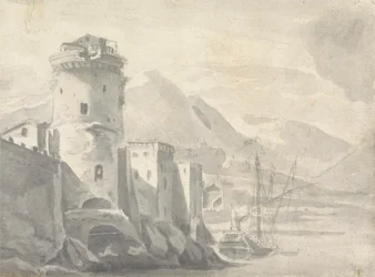 Fortified Buildings rising Steeply from a River Bank (in Italy ?) with Boat centre and distant Mountains   1437503   ja       japanese Successfully Translated  Original: Fowl Skeleton, Lateral View (Outline drawing of the skeleton prepared for the key figu