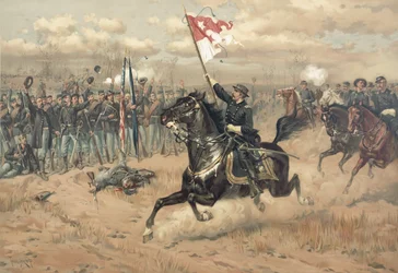 1864年、バージニア州シーダー・クリークの戦いでのシェリダンの名乗り（カラーリトグラフ