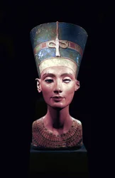 ネフェルティティ（紀元前1370-1330年頃）の胸像 エジプトのファラオ・アケナテンの偉大な王妃（主席妃）。ネフェルティティと彼女の夫は、宗教革命を起こしたことで知られています。彼らは、太陽の円盤であるアテンという唯一の神を崇拝するようになりました。