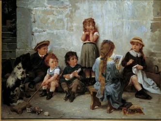 The thrilling passage 本を聴く子供たち。ティモレオン・ロブリション（1831-1914）の絵画 19世紀個人蔵