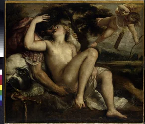火星、金星、キューピッド。 Tiziano Vecelli、Vecellio、または Tiziano da Cador による絵画、Titian または Le Titian (1490-1576 年頃) として知られる、キャンバスに油彩、1530 年頃。イタリア美術 (ヴェネツィア)