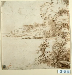 山間の海岸の眺め（紙にインク）