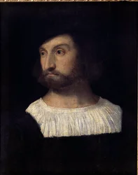 フェラーラ公アルフォンソ1世(1476-1534)の肖像 ティツィアーノ・ヴェチェッリオ(1485-1576)の作とされる絵画 16世紀。ブザンソン美術博物館