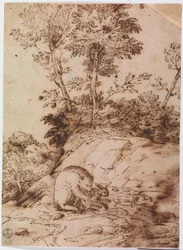 ウサギを食べるクマ （紙にペン・インク）