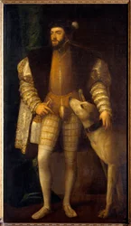 皇帝シャルル5世（1500 - 1558）35歳と愛犬サンペールの肖像。ティツィアーノ・ヴェチェッリオ（ル・ティツィアーノ）（1485-1576年