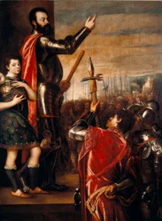 アルフォンソ・デ・アバロス（1502-1546）の演説、コンドッティエーレ（指揮者） ティツィアーノ・ヴェチェッリオによるイタリア絵画は、ティツィアーノ（1490年頃-1576年）1540-1541年のディム。223x165 cm マドリッド、プラド美術館