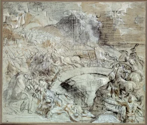 イタリアの戦争"The Battle of Cadore" 1508年頃、ピエーヴェ・ディ・カドーレの町がハプスブルク家のマクシミリアン1世の軍隊とヴェネツィアと同盟した戦い。ティツィアーノ・ヴェチェッリオ（1485-1576）による黒石と水洗いによるデッサン、ティツィアーノと呼ばれる。16日