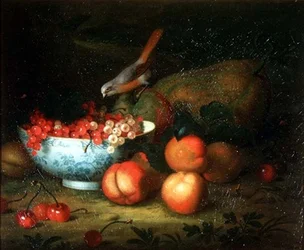 フィンチのいる果物の静物画