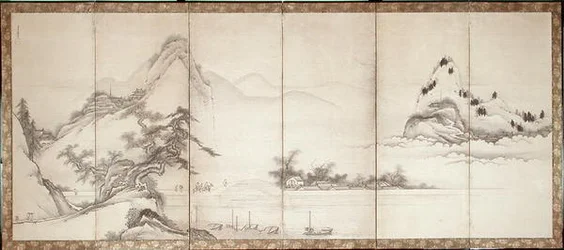 Travellers on a lakeside bridge, c.1700 (ink & colour on paper)   1450058   ja       japanese Successfully Translated  Original: Lamentation of Christ, Altarpiece of the Guild of the Joiners, centre panel (oil on panel) Translat: Lamentation of Christ, Alt