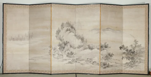 山水図、17世紀初頭（六曲一双屏風、紙本墨画、金彩
紙本墨画)
