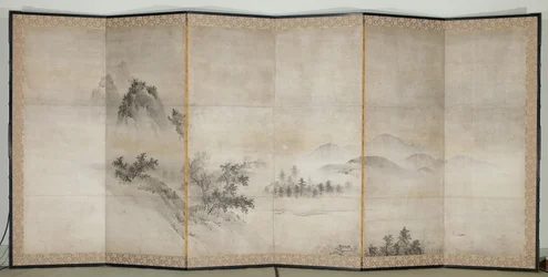 山水図、17世紀初頭（六曲一双屏風、紙本墨画、金彩
紙本墨画)