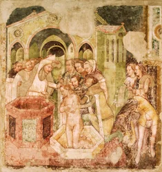 聖ウルスラの伝説。トマソ・ダ・モデナ（1326-1379）作、フレスコ画、トレヴィーゾのサンタ・カテリーナ教会、イングランド王子の洗礼