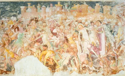 殉教、トンマーゾ・ダ・モデナ（1326-1379）の「聖ウルスラの伝説」のフレスコ画、細部、トレヴィーゾのサンタ・カテリーナ教会