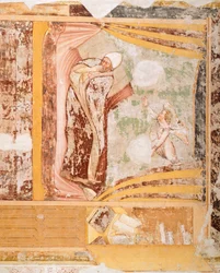 教皇の夢、トンマーゾ・ダ・モデナ（1326-1379）作「聖ウルスラの物語」の詳細、トレヴィーゾのサンタ・カテリーナ教会のフレスコ画