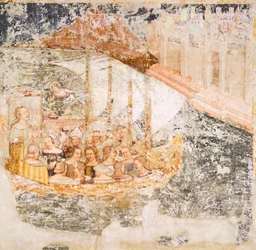 ローマへの出航、トンマーゾ・ダ・モデナ（1326-1379）作「聖ウルスラの物語」のフレスコ画、詳細、トレヴィーゾのサンタ・カテリーナ教会蔵