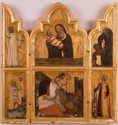 トンマーゾ・ダ・モデナ（1326-1379）による「聖母子像」「キリストの復活」「聖人たち」の木製、金色のポリプティック。