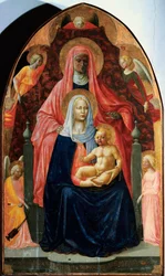 聖アンナと五人の天使を抱く聖母子像 マサッチョ（Tommaso di ser Giovanni di Mone Cassai）（1401-1428）作 1424-1425 薄さ175x103 cm フィレンツェ、ウフィツィ美術館（オフィス） Galleria degli Uffizi