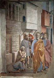 影で病人を癒す聖ペテロ - 聖ペテロの影が病人を癒す - Tommaso di ser Giovanni di Mone Cassai dit Masaccio (1401-1428) のフレスコ画、229,8x161,9 cm。