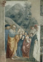 聖ペテロの説教 - Tommaso di Cristoforo Fini dit Masolino da Panicale（1383-1440年頃）によるフレスコ画、255x162cm、1425年頃。フィレンツェ、サンタ・マリア・デル・カルミネ教会、ブランカッチ・チャペル