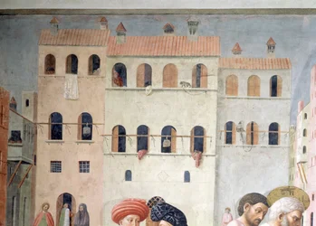 聖ペテロの不自由の癒しとタビサの復活背景建築の詳細、c.1427フレスコ画57195も参照