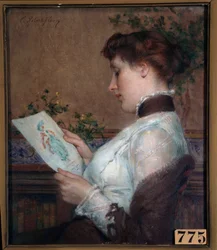 絵 デッサンを鑑賞する女性。トニー・ロベール・フルーリー（1837-1912）の絵 19世紀 オルレアン、ボザール美術館
