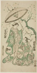 The Actors Sanogawa Ichimatsu I as Soga no Goro and Ikushima Daikichi II as Kewaizaka no Shosho in the play "Monzukushi Nagoya Soga," performed at the Ichimura Theater in the first month, 1748